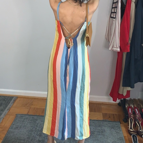 Rainbow Striped Midi/ Maxi Reformation Camisol Dress with X-Tie Back - Picture 5 of 5